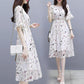 Chiffon Dress Summer Temperament Was Thin, Printed Fairy A-line Mid-length Waist Floral Skirt Round Neck Short-sleeved Ladies Chiffon Dress