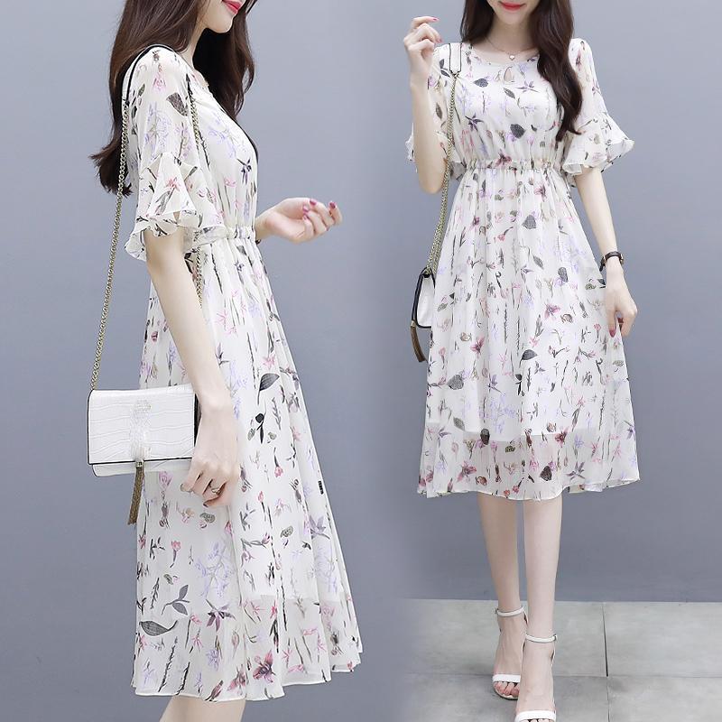 Chiffon Dress Summer Temperament Was Thin, Printed Fairy A-line Mid-length Waist Floral Skirt Round Neck Short-sleeved Ladies Chiffon Dress
