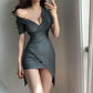 Summer Short-sleeved V-neck Irregular Pleated Dress Female Feeling Pure Desire Style Tight Waist Bag Hip Skirt