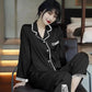 Women's Spring Autumn Long-sleeved Pajamas Set Lapel Sexy Lace Pyjamas Slit Bottoms V-neck Loose Comfortable Homewear Solid Out Wear Loungewears