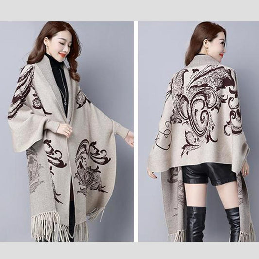 Women's Spring, Autumn and Winter Coat Knitted Cardigan Shawl Long-sleeved Thick Sweater Tassel Cloak Loose Cloak Comfortable Wrap