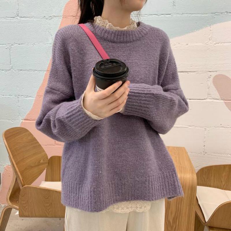 Pofulove loose candy-colored round neck sweater women's hedging long-sleeved wild college style bottoming shirt