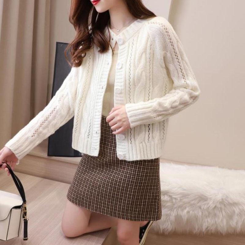 Spring and Autumn Short Cardigan Sweater Wild Hollow Knitted Jacket Fashion Solid Color Women's Top