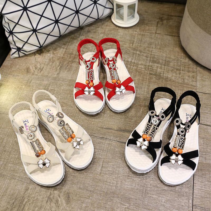 Summer Korean Women's Sandals Fashion Bohemian Non-slip Flat Heel All-match Sandals Casual Rhinestone Student Women's Shoes