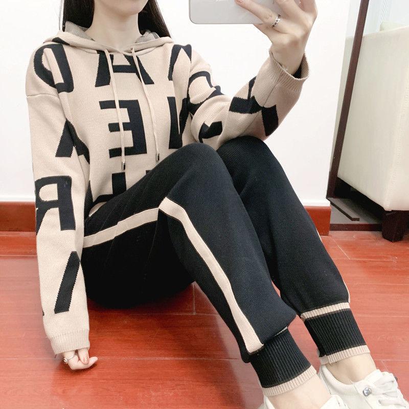2pcs/set Women's Sports Set  Letter Printing Hooded Knitted  Sweater + Knitted  Elastic Waist Harem Pants Sets  Ladies Outfits Sweat Suit