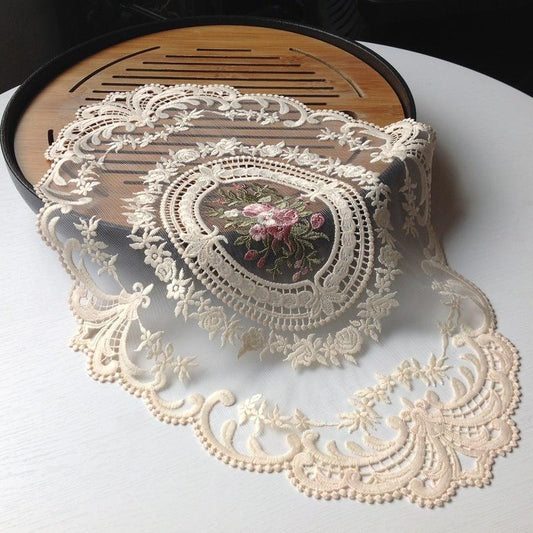 European Oval Lace Embroidered Coaster Bedroom Study Kitchen Cup Table Mat Food Fruit Plate Cover Cloth