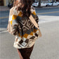 Half High Neck Pullover Sweater Women Fall Winter Casual Fashion Loose Contrast Color  Geometric Pattern Long-sleeved Sweater