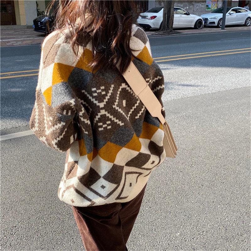 Half High Neck Pullover Sweater Women Fall Winter Casual Fashion Loose Contrast Color  Geometric Pattern Long-sleeved Sweater