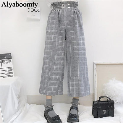 Lolita Style Autumn Women Wide Leg Pants Elastic Waist Apricot Gray Plaid Loose Cute Kawaii Trousers