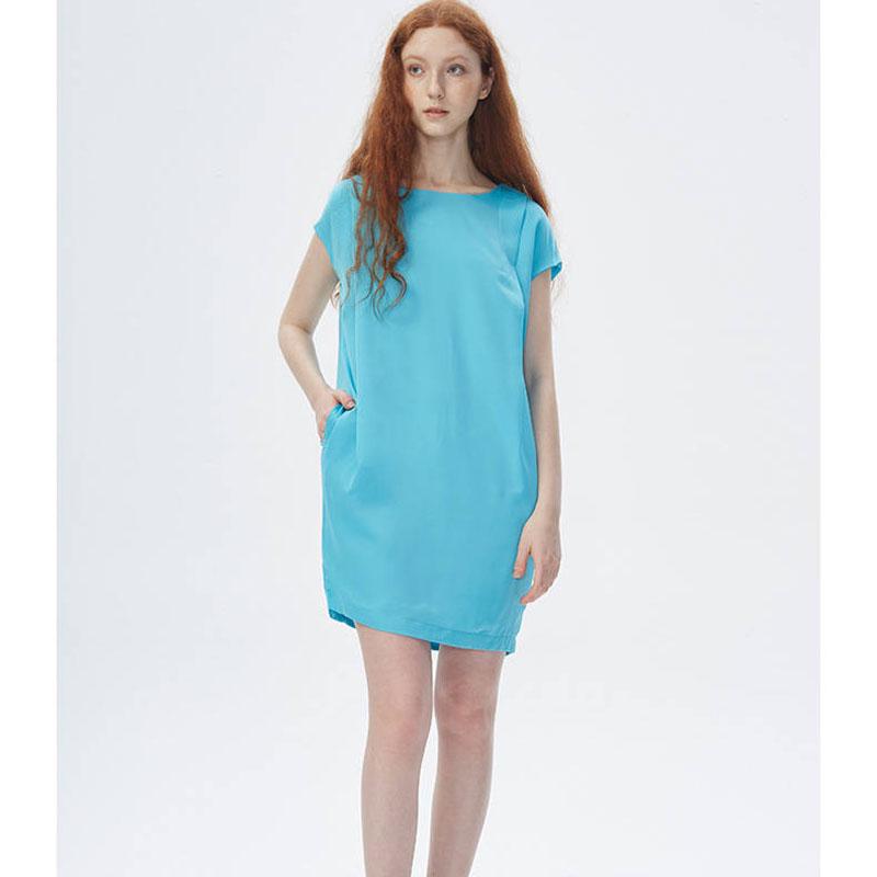 Summer Loose Straight Pleated Round Neck Short Sleeve Dress Chiffon Dress with Belt