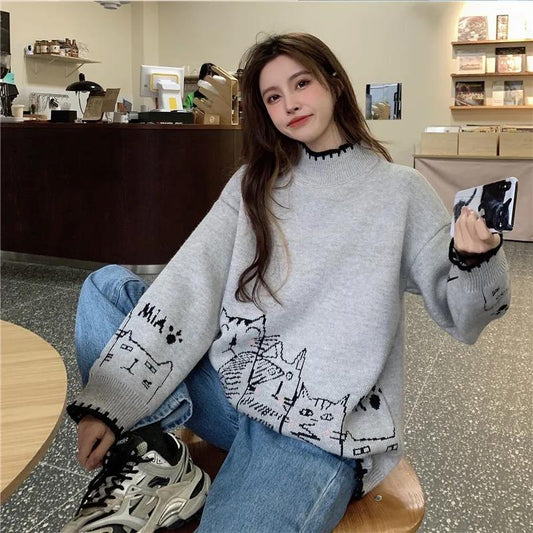 Gentle Knitted Sweater Top Autumn and Winter Korean Version Stand Collar Loose Outer Wear Sweater Women's Clothing