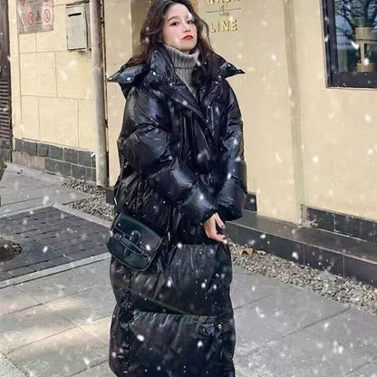 Black Shiny Down Jacket Women's Mid-length Autumn and Winter Down Jacket Winter Over The Knee Thick Warm Cotton Jacket