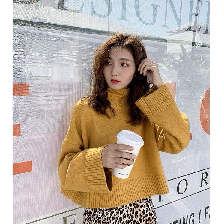 Women's Solid Color Half-neck Long Sleeve Pullover Sweater Casual Loose Tops Girl's Wild Sweater