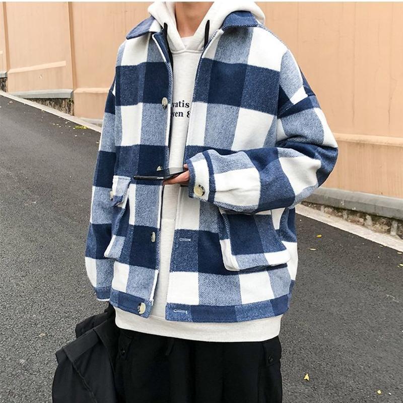 Loose Woolen Coat Men's Thickened Temperament Casual Color Contrast Plaid Coat Men's Mid-length Button Cardigan Warm Coat