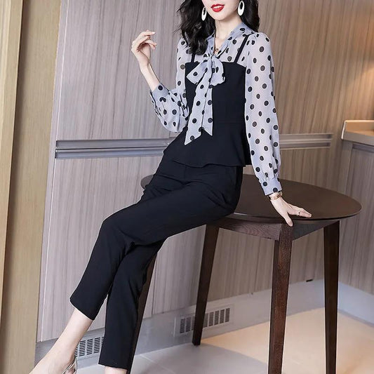 Suit Large Size Small Fragrance Suit Women's Spring New Thin Chiffon Shirt Pants Casual Two-piece Temperament Professional Style