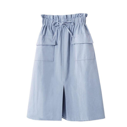 Casual Solid A-line Cotton Midi Skirts Women 2020 Summer Long Black Skirts Womens Pocket Elastic Waist Womens Skirts Female
