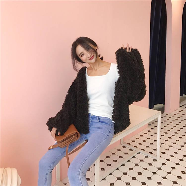 Harajuku Coat Women Long Sleeve Imitation Lambskin Jacket Ladies Casual Loose Warm Outwear
