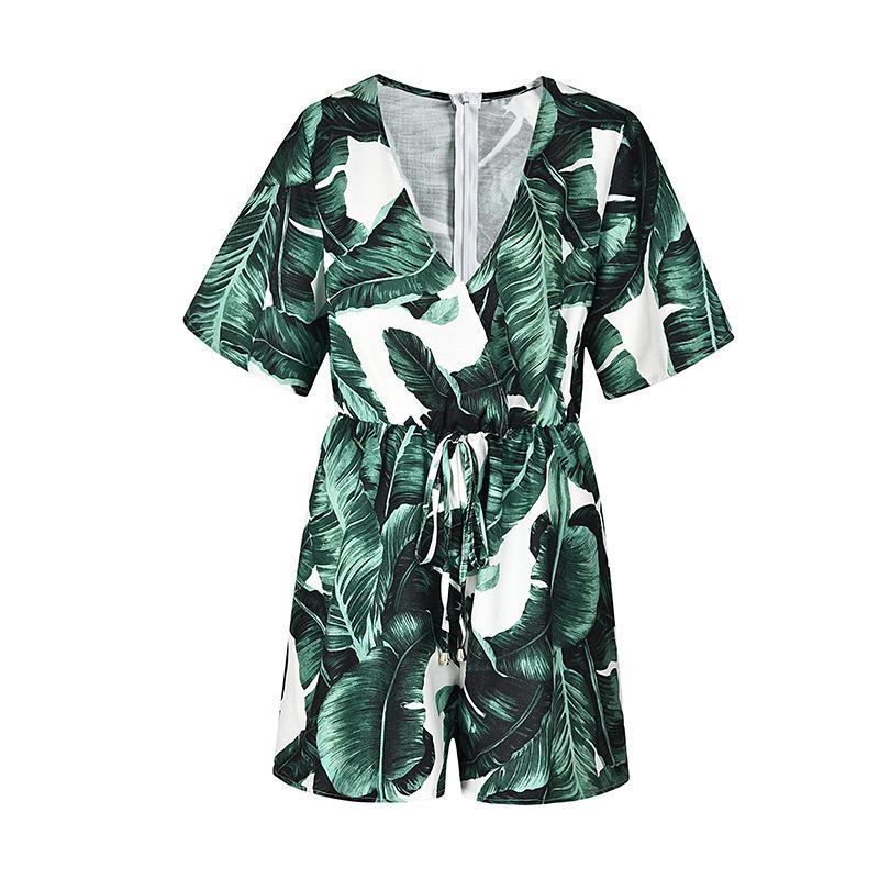 Summer V-neck Lotus Leaf Sleeves Leaf Print Skirts Cross-border Hot Chiffon One-piece Hakama