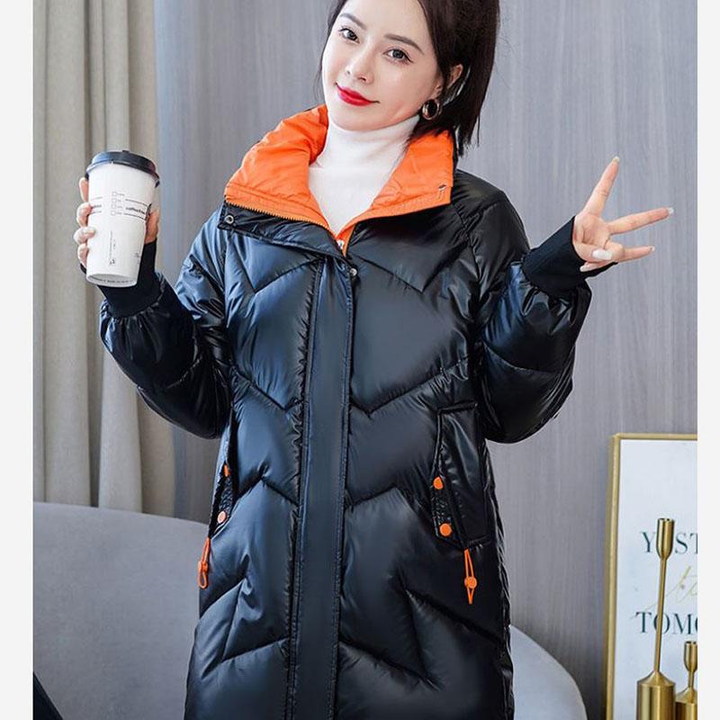 Down Cotton Jacket Winter Loose Korean Color Shiny Face-free Collar Mid-length Cotton Jacket Women
