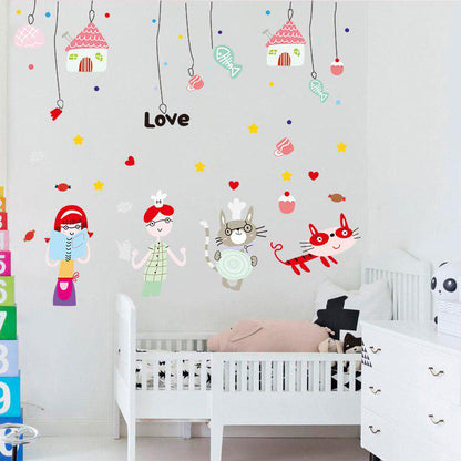 [Wall sticker ]Cartoon Cat Fish Bone Wall Stickers For Kids Rooms Nursery Bathroom Tile Home Decorat