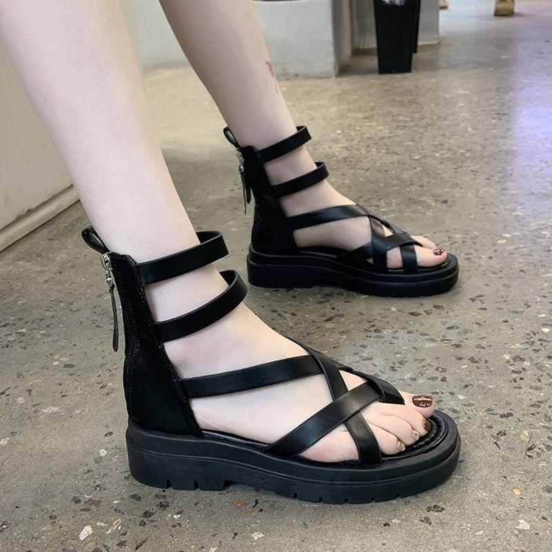 Net Red Women's Spring and Summer Sandals Flip Toe Platform Platform Women's Shoes Back Zipper Roman High Cutout Sandals