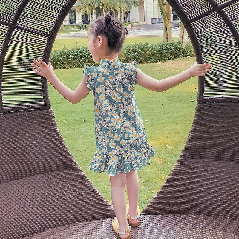 Spring and Summer Girls, Small and Medium-sized Children Western Style Floral Lotus Leaf Princess Dress Flying Sleeve Cheongsam Dress One-piece Skirt