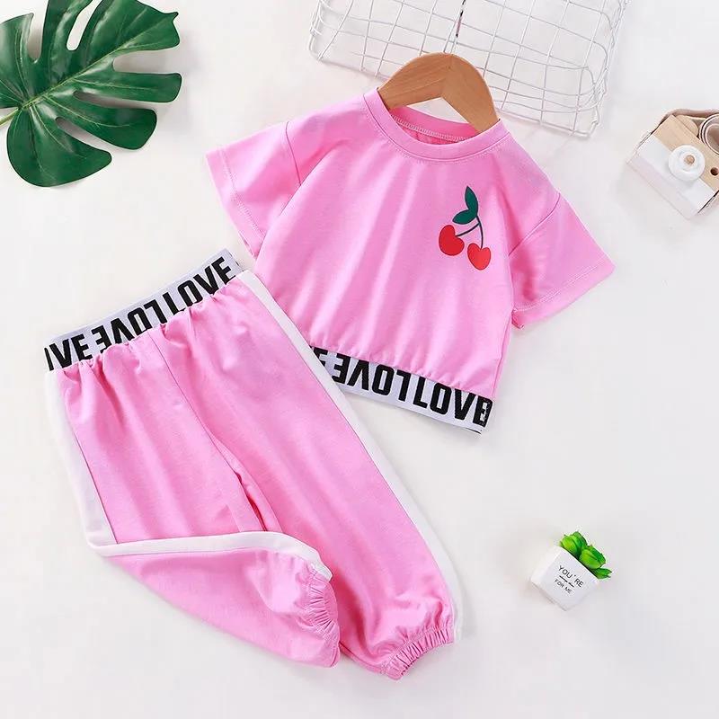2PCS Children Clothing Set Spring Summer Girls Suits Printing Letter Cherry Short Sleeve Tops + Pants Clothing Set