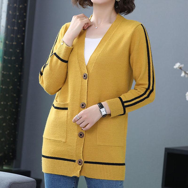 Spring and Autumn All-match Jacket Striped Pattern Mid-length Sweater Fashion Simple Style Female Top