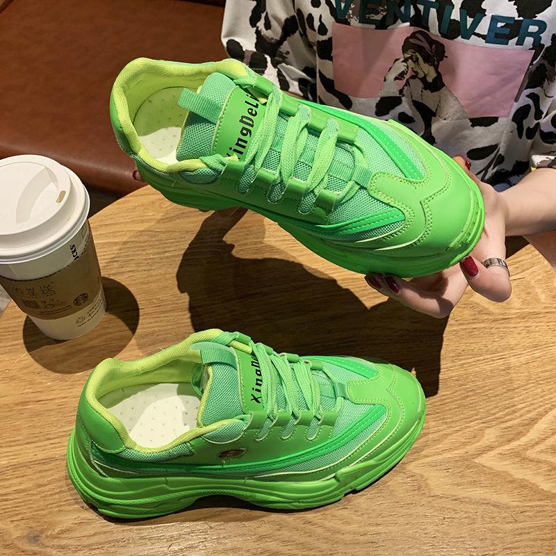 Fluorescent green daddy shoes female ins tide net red double mesh surface thick bottom sports shoes