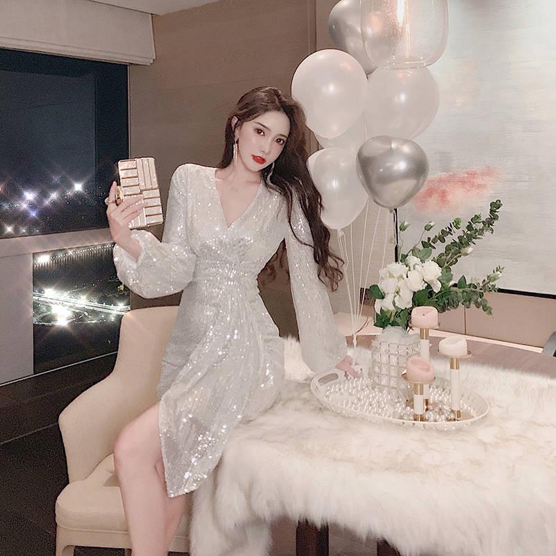 Women's V-neck Dress Long Sleeve Dinner Sexy Bag Hip Dress Charming Leisure Comfortable Stylish