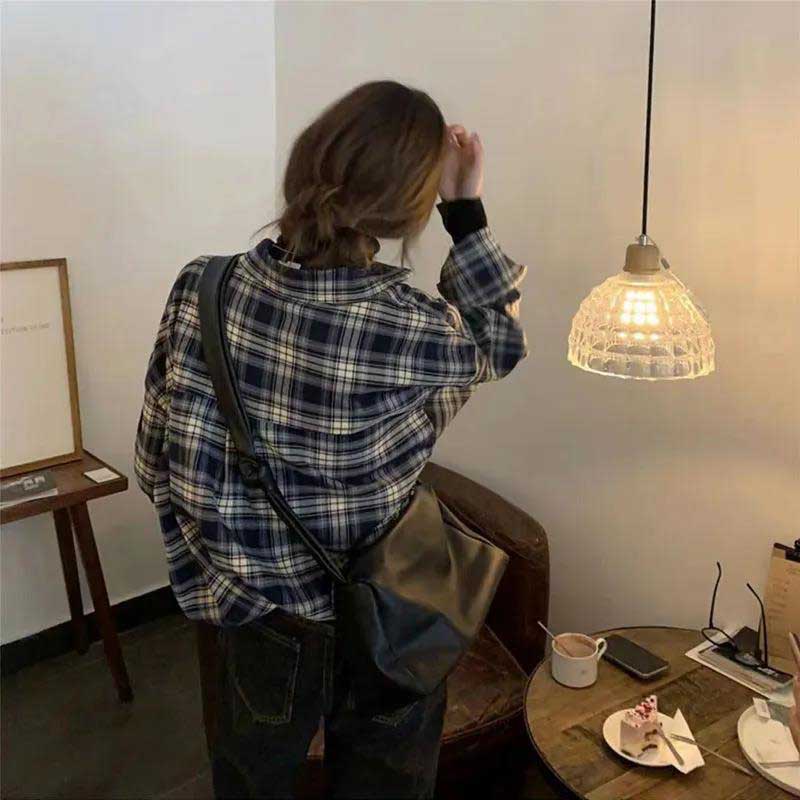 Layered Plaid Shirt Women's Spring and Autumn Retro Loose and Lazy Style Shirt Coat