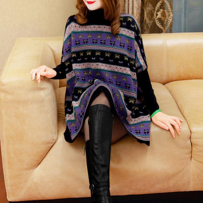 Autumn Winter Large Size Loose Pullover Sweater  Women Butterfly Print Sweater  Turtleneck  Pullover Long Sleeve Batwing Sweater Knitted Coat