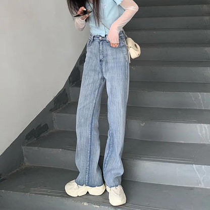Retro Chic Straight Loose Jeans Women's High Waist Thin Wild Plug-in Wide Legs