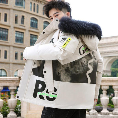 Men's Hooded Woolen Collar Cotton Padded Jacket for Young People