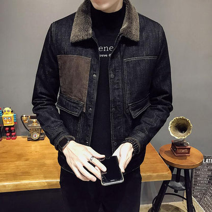 Winter Men's Denim Jacket Plus Size Korean Trend Warm Lamb Fur Collar Plus Velvet Thick Slim Jacket