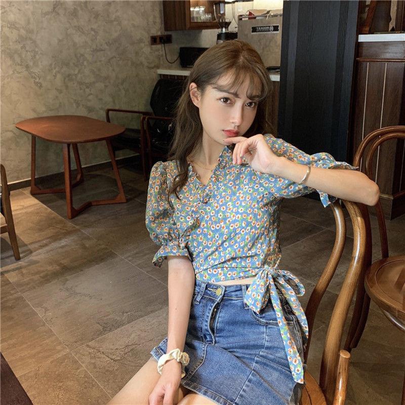 Puff Sleeve Floral Short-sleeved Chiffon Shirt Women's Summer Korean Design High-waist Short Top