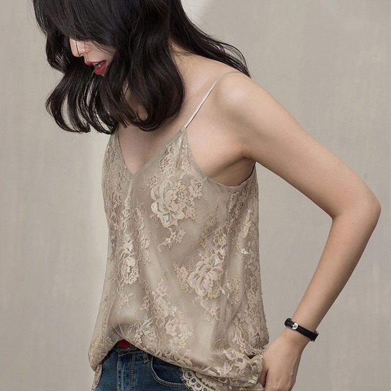 Camisole Outer Wear  Women's Spring and Summer Thin  Mulberry Silk  Lace  V-neck  Inner Top Bottoming Shirt