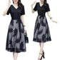 Spring Summer Women's Mesh Dress Fake Two Pieces Black Stitching Mid-length Dress Large Size Casual All-match V-neck