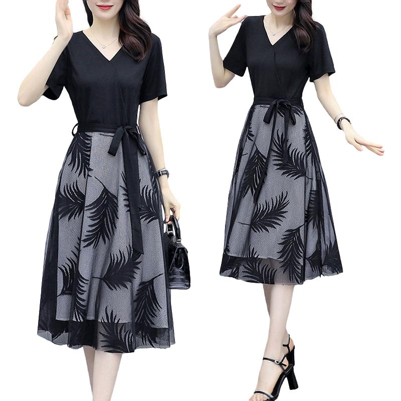 Spring Summer Women's Mesh Dress Fake Two Pieces Black Stitching Mid-length Dress Large Size Casual All-match V-neck
