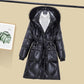 Winter White Duck Down Down Jacket Korean Style Large Fur Collar Cotton-padded Coat Thick Shiny Mid-length Hooded Down Coat