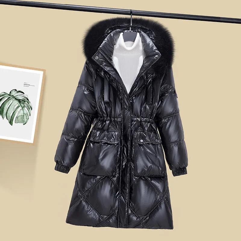 Winter White Duck Down Down Jacket Korean Style Large Fur Collar Cotton-padded Coat Thick Shiny Mid-length Hooded Down Coat