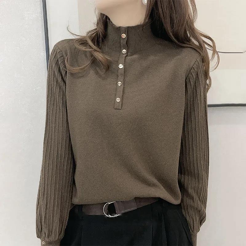 Half Turtleneck Long Sleeve Knitted Sweater Loose Large Size Sweater Fashion Button Solid Color Bottoming Shirt for Women