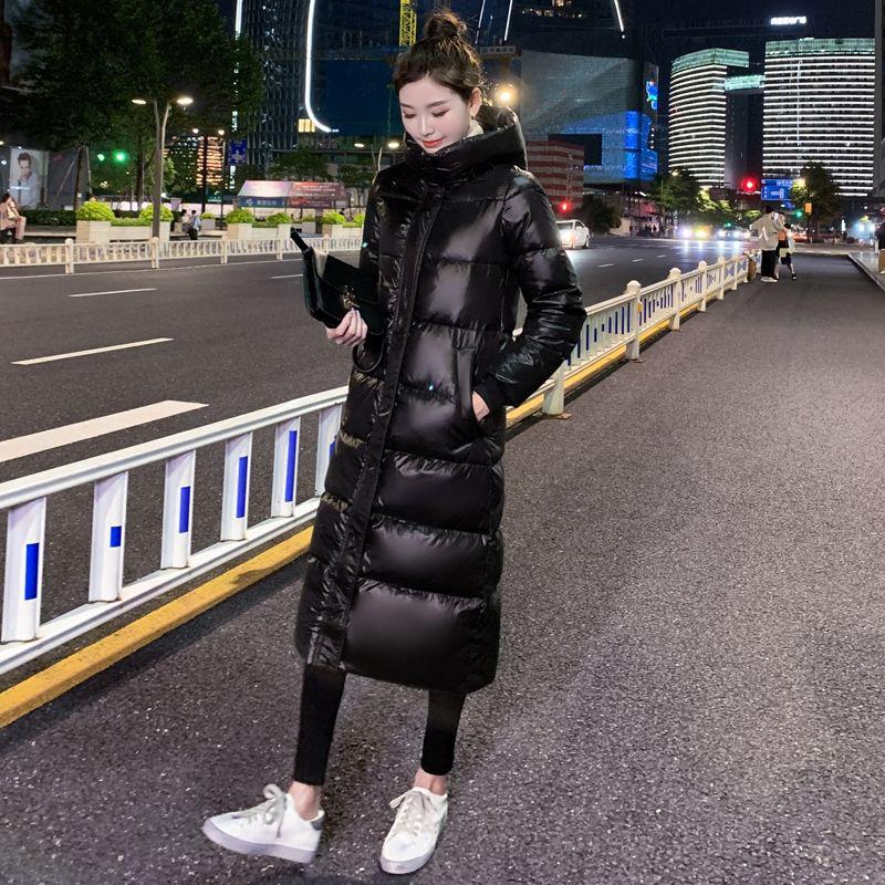 Winter Bright Face Ladies Long Padded Jacket with Hooded Stand-up Collar Slim Fit Thick Warm Down Padded Jacket Simple and Versatile Loose Warm Jacket