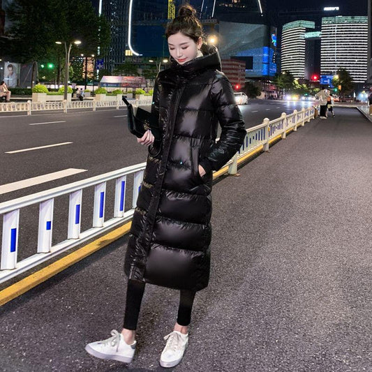 Winter Bright Face Ladies Long Padded Jacket with Hooded Stand-up Collar Slim Fit Thick Warm Down Padded Jacket Simple and Versatile Loose Warm Jacket