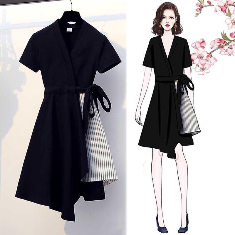 Pofulove M-4XL Summer Women High Quality Cotton Black V-neck Thin Stripe Dress Office Ladies Dress
