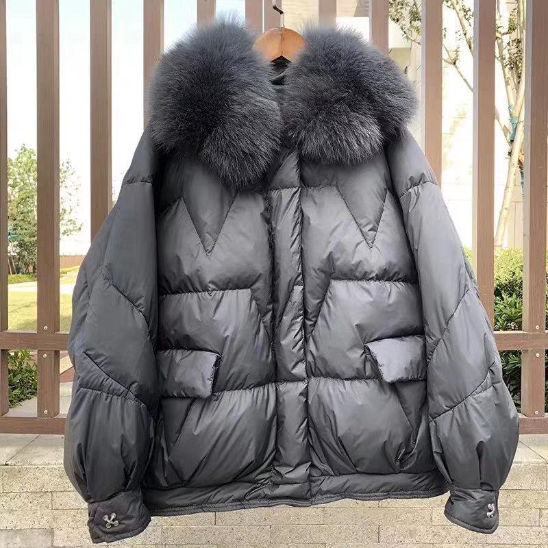 Korean Fashion Ladies Down Jacket Fox Fur Collar Thick Bread Jacket White Duck Down Short Down Jacket