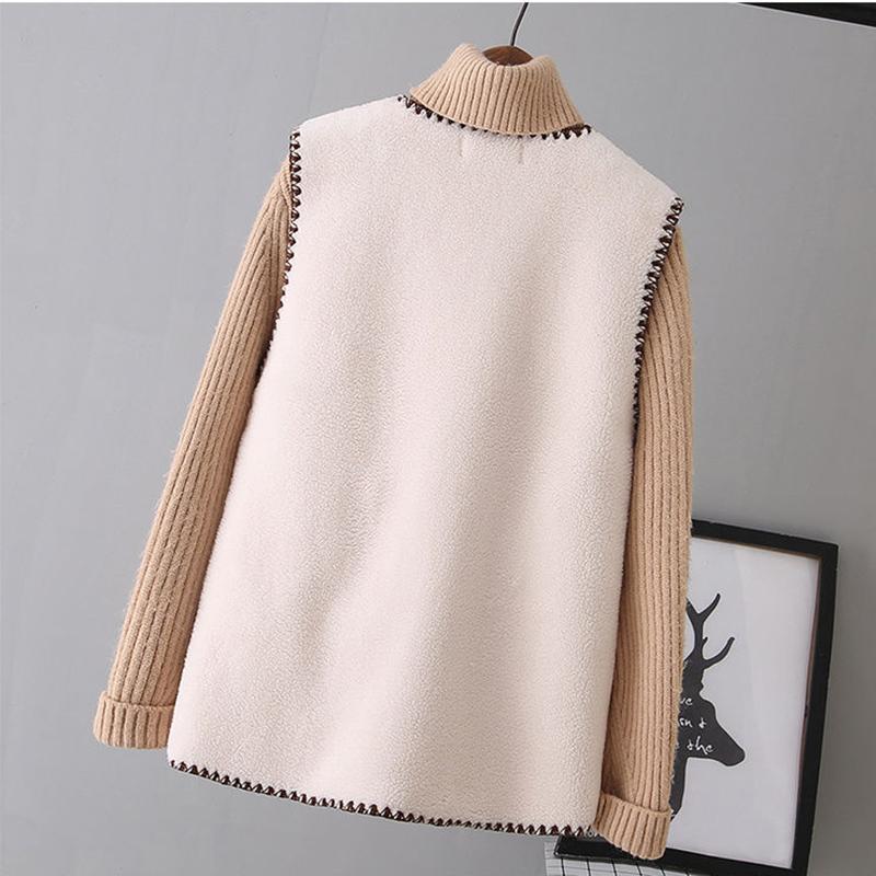 Lamb Plush Vest Female Autumn and Winter Temperament Outer Wear Fur Waistcoat Vest Vest V-neck Sleeveless Button Jacket