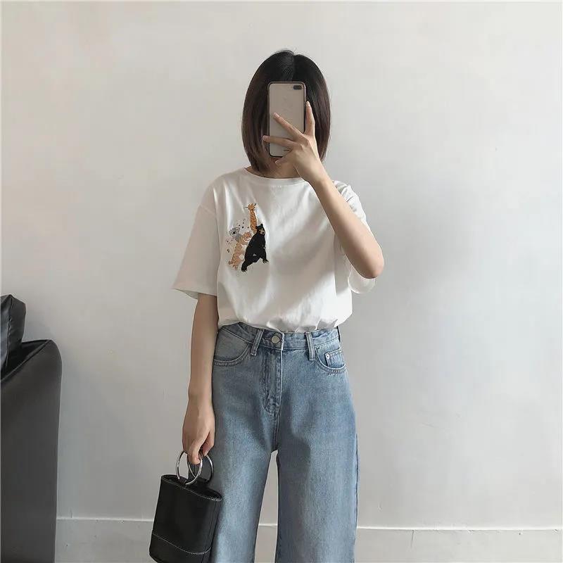Women Short Sleeve T-shirts Loose Casual Animal Embroidery O-neck Korean Style Fashion All-matchTee