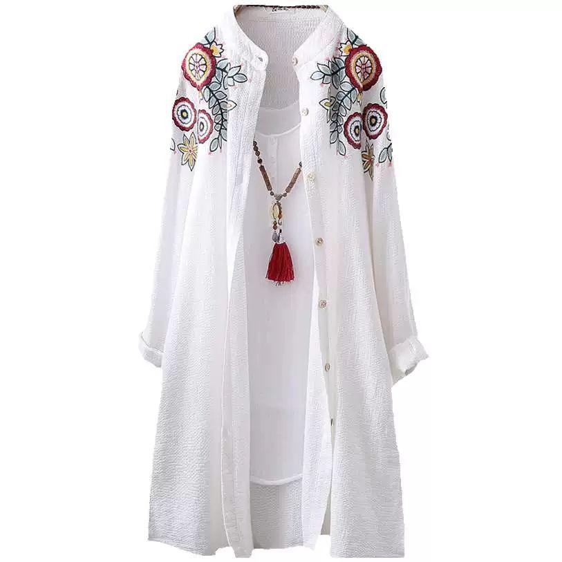 Cotton Shirt Women Loose Mid-length Tops Literary Women's Embroidered Shirts Anti-thin Women's Jackets