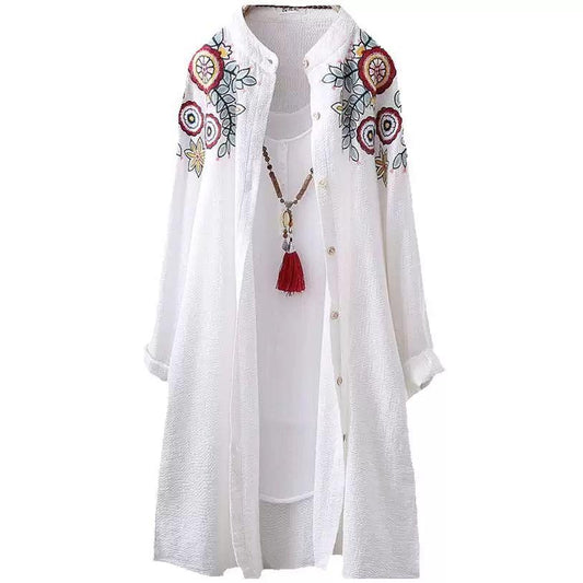 Cotton Shirt Women Loose Mid-length Tops Literary Women's Embroidered Shirts Anti-thin Women's Jackets